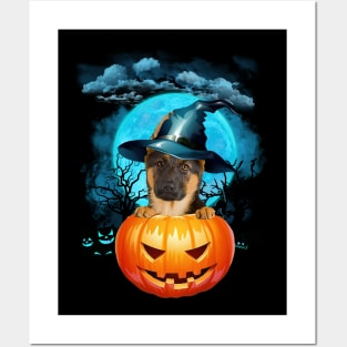 German Shepherd Witch Hat Pumpkin And Blue Moon Halloween Posters and Art